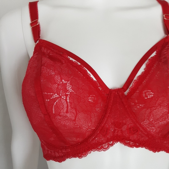 SPARKLY RED LACE UNDER WIRE CAGE BRA SZ 40C - Picture 2 of 9